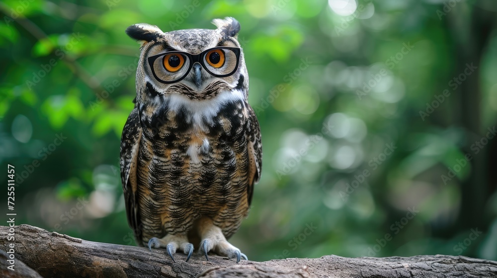 Full body owl wearing eyeglasses, standing on the branch in the wood Full body owl wearing eyeglasses, standing on the branch in the wood