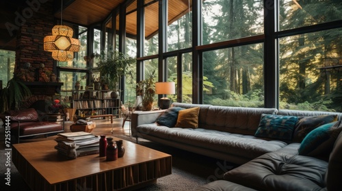 Mid century loft home interior design of modern living room in house in forest