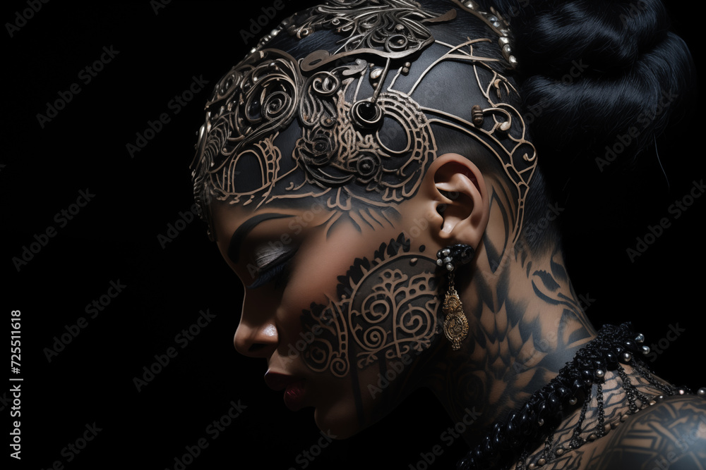Tribal tattoos. Close-up portrait of a young woman adorned with detailed tribal tattoos and elegant earrings. Tribal tattoos. Close-up portrait of a young woman adorned with detailed tribal tattoos and elegant earrings.