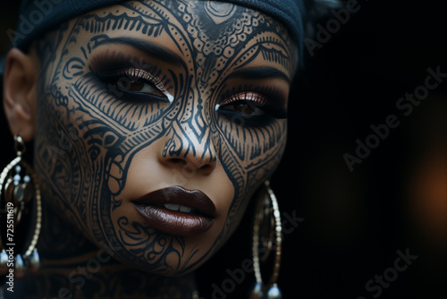 Tribal tattoos. Close-up portrait of a young woman adorned with detailed tribal tattoos and elegant earrings.