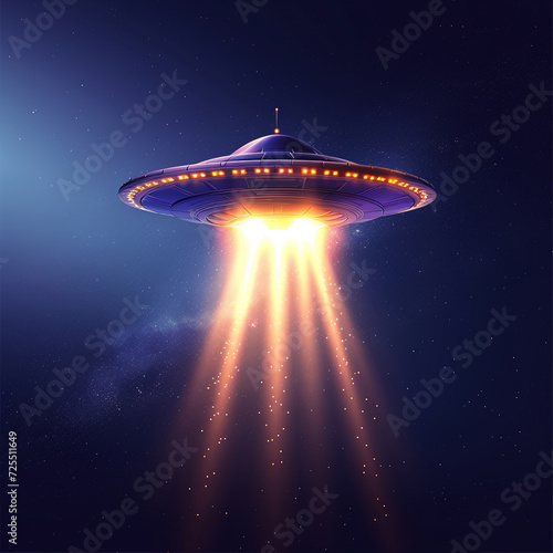 Mysterious Ufo with Light Beams over Landscape at Dusk