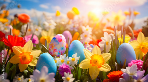Easter Pho with Colorful Easter eggs among blooming spring flowers under the rays of the sun. Easter celebration, family activities, natural beauty, children's joy, home decoration
