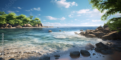 beach with trees, A painting of a beach with a beach and mountains in the background, 
 photo