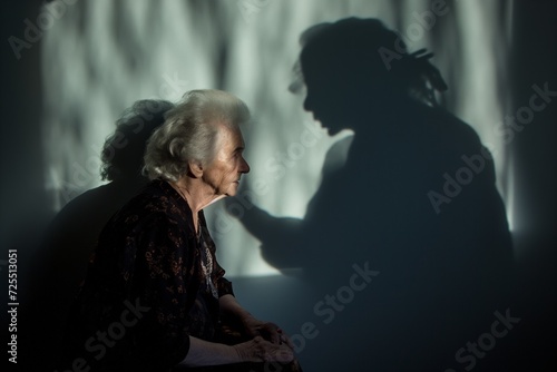 Shadows on the wall representing the looming and authority presence of the caregiver nurse, senior woman's posture suggesting fear.
