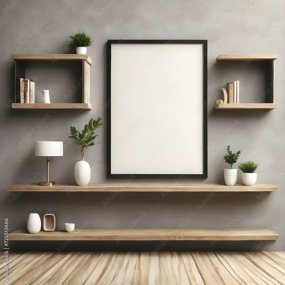 Mockup for poster on wall with shelves. Copyspace in frame for the poster. Mockup for poster on wall with shelves. Copyspace in frame for the poster.