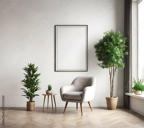 Mockup for poster in living room with white chair and plant. Copyspace in frame for the poster.