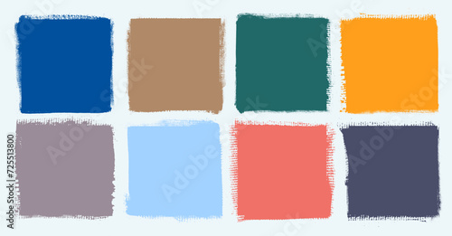 Grunge colorful square template backgrounds set. Vector painted squares or rectangular shapes. Hand drawn brush strokes on art canvas. Dirty colored grunge design borders, frames or templates for text