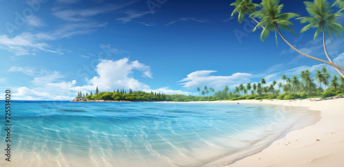 Idyllic Paradise: Serene Beachscape with Turquoise Waters, Palm Trees, and White Sand Under a Clear Blue Sky