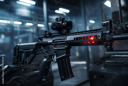 Modern automatic assault rifle on a dark background. Selective focus. photo