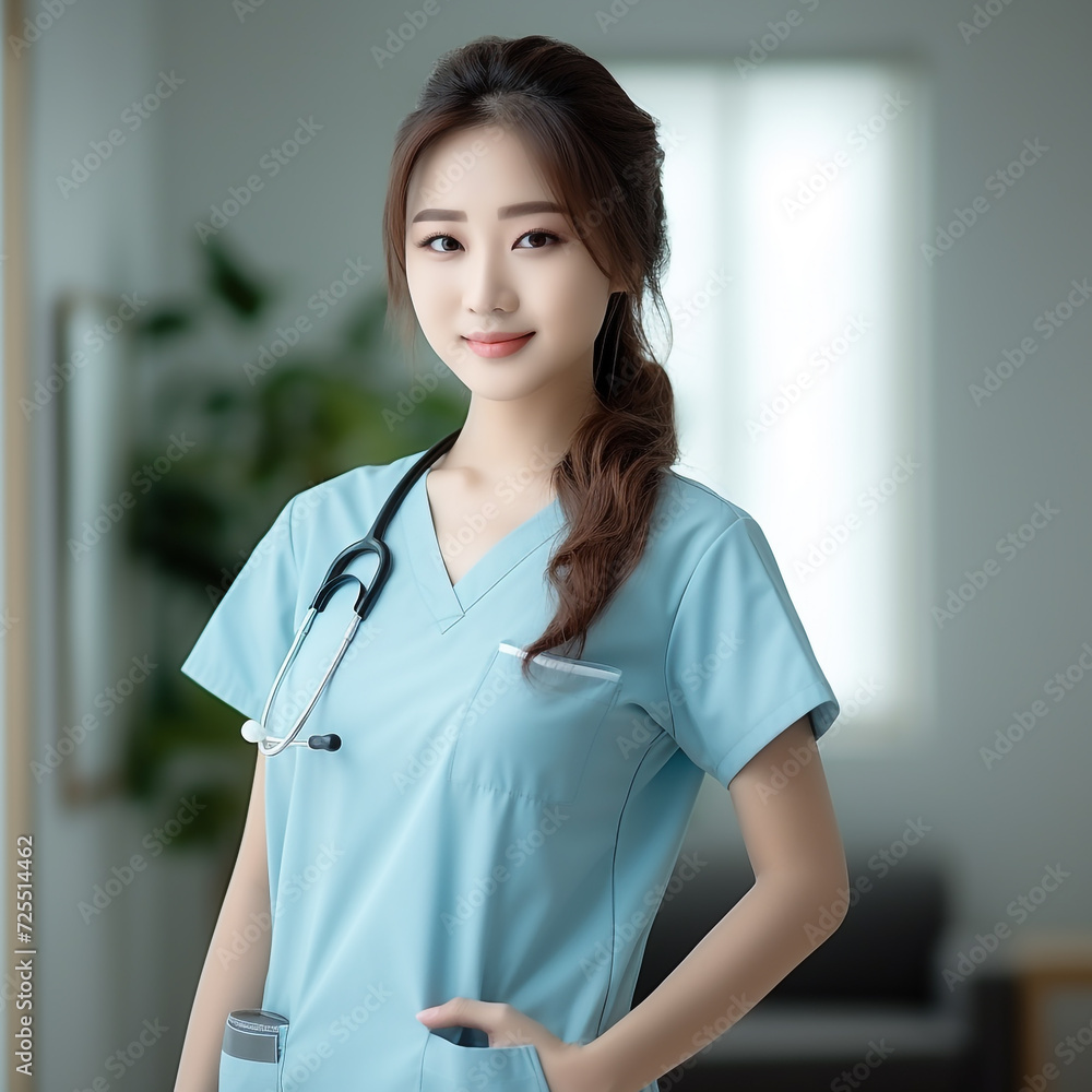 Young Beautiful Asian Nurse, Pretty Attractive Looks, Wearing A Nursing Uniform, Generative Ai. Young Beautiful Asian Nurse, Pretty Attractive Looks, Wearing A Nursing Uniform, Generative Ai.