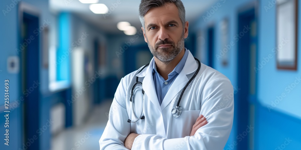Doctor Man in White Coat Standing in Hallway of Building