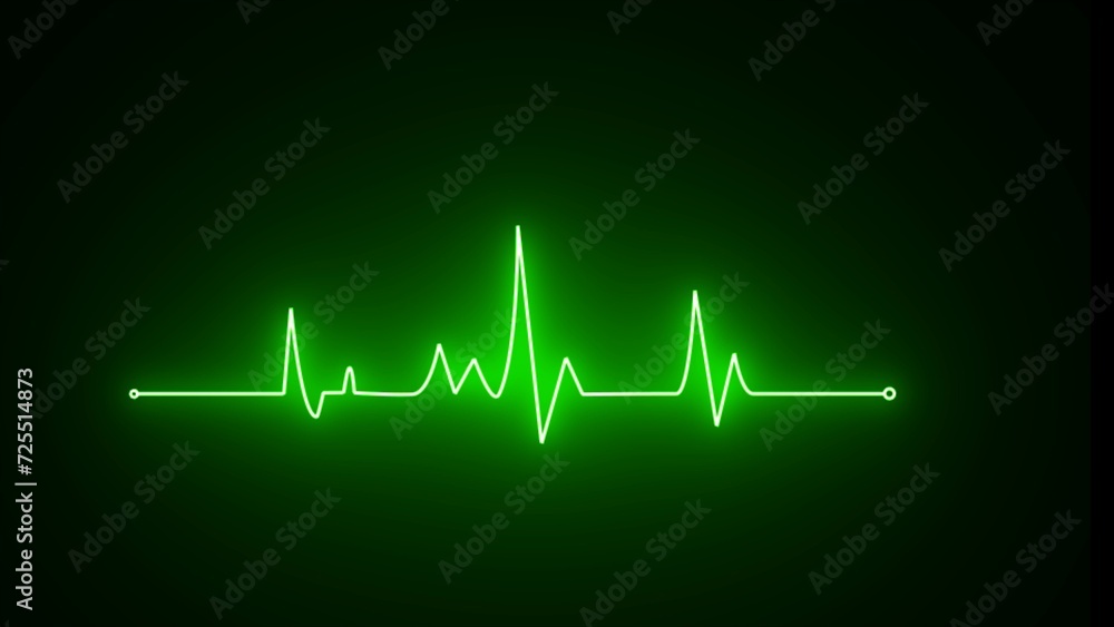 Glowing neon green Heartbeat pulse icon. Beautiful healthy cardiogram and ECG. Pulse line illustration. Ecg neon pulse monitor and black background.