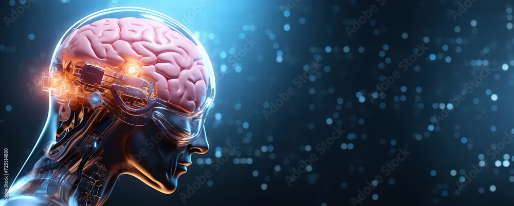 outline of a human skull and brain with built-in luminous chips,creating humanoid robots, development of robotics outline of a human skull and brain with built-in luminous chips,creating humanoid robots, development of robotics