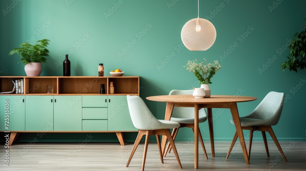 Mint color chairs at round wooden dining table in room with sofa and cabinet near green wall - obrazy, fototapety, plakaty 