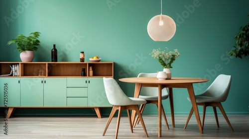 Mint color chairs at round wooden dining table in room with sofa and cabinet near green wall photo