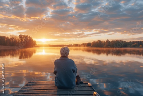 Image of a senior person sitting on a dock, dipping their feet in the water, watching the sunrise over a calm lake.  photo