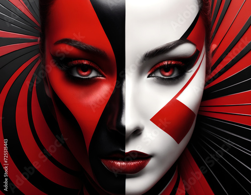 Portrait of a person with make up. High contrast red, white and black. Abstract, fashion, expressive.