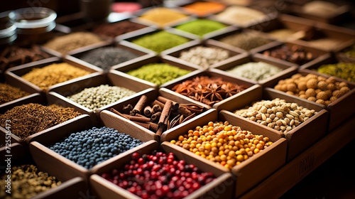 Vibrant close up of assorted colorful spices and herbs with dynamic lighting
