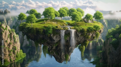 Floating fantasy island with river and waterfall with trees and green grass. © Emil