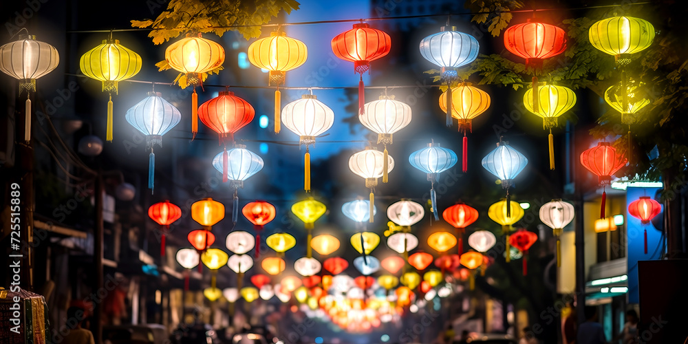 Asian lanterns hang on sidewalk in eastern city. Town streets are decorated with asian lanterns. Evening quarter with colorful lamps and tree branches