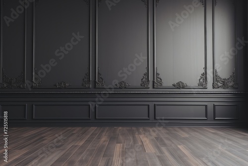 Mock up of Charcoal classic painted wainscoted wall background with brown parquet flooring. Elegant wall. Wall ideas. Wall decor. Modern wall decoration. Wall panel. Room decor. Backdrop. Background