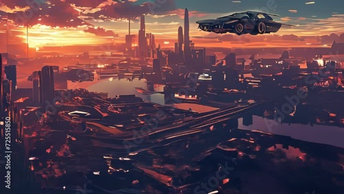 The skyline of a futuristic city with a spaceship flying by, illuminated by the setting sun, embodying advanced civilization and the theme of exploration.
 photo