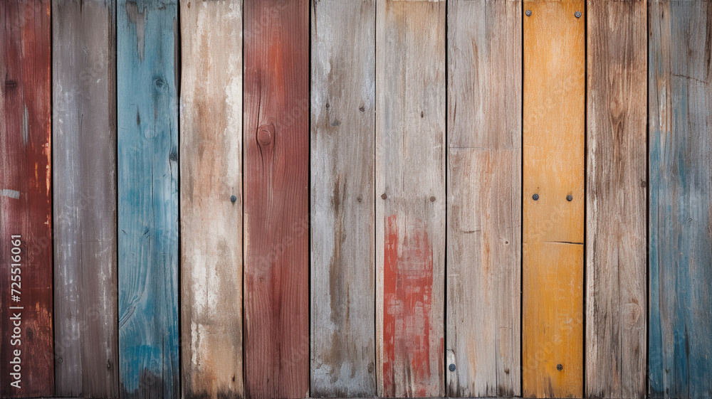 Textured background of vertical wooden planks painted in a vibrant array of colors with visible weathering and peeling. Textured background of vertical wooden planks painted in a vibrant array of colors with visible weathering and peeling.