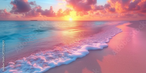 Sun Setting Over Ocean on Beach, Casting Beautiful Colors photo