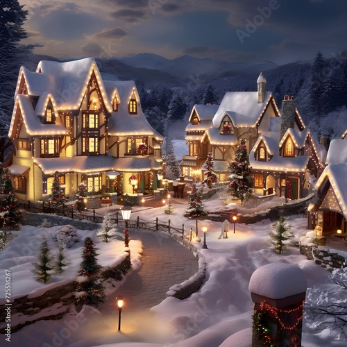 Christmas cottage in the mountains at night. Motion blur. Christmas and New Year holiday background.