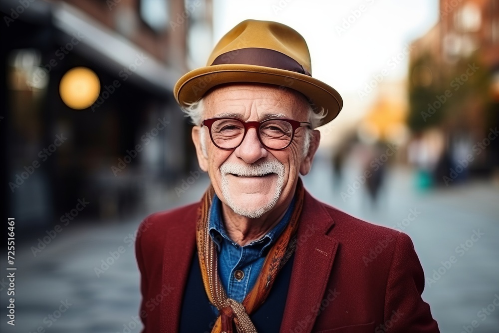 Portrait of a senior man with hat and glasses on the street Portrait of a senior man with hat and glasses on the street