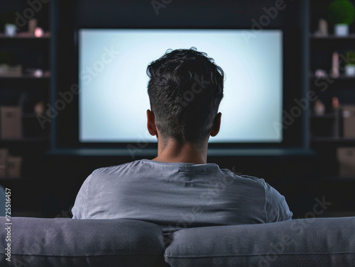Back View of a Man Sitting on a Couch Watching Movie on His Big Flat Screen TV.
