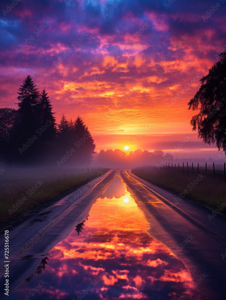 Stunning sunset with vibrant colors reflecting road on a wet country road, flanked by a solitary tree and misty fields Stunning sunset with vibrant colors reflecting road on a wet country road, flanked by a solitary tree and misty fields