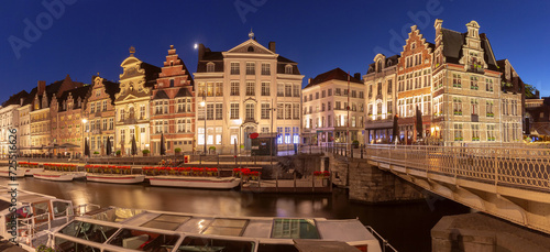 Medieval houses on quay of Leie river at night, Old Town of Ghent, Belgium