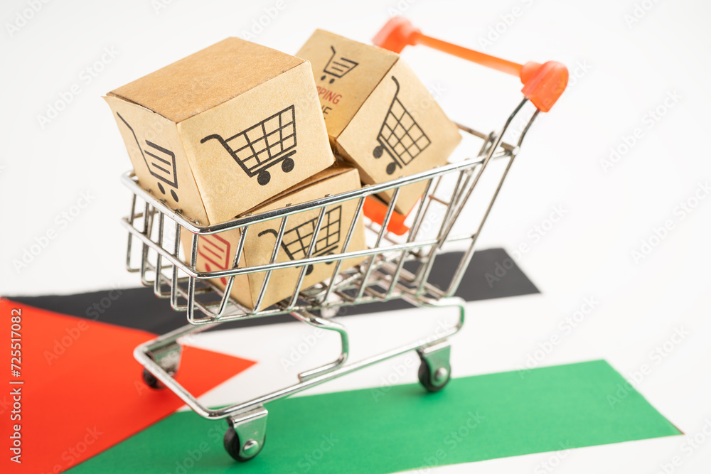 Box with shopping online cart logo and Palestine flag, Import Export Shopping online or commerce finance delivery service store product shipping, trade, supplier.