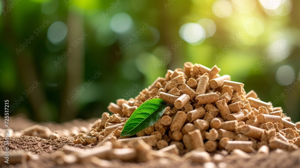 Obraz premium Biomass wood pellets pile and woodpile on blurred background, eco friendly fuel concept