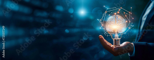 Generative AI image of Creativity, Inspiration and new idea of growth for business with Smart idea, Businessman holding half of abstract light bulb and brain on dark blue background