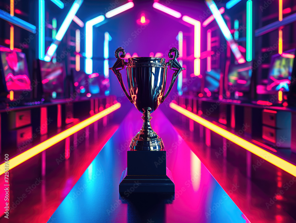 eSports Winner Trophy Standing on a Stage in the Middle of the Computer Video Games Championship Arena. Two Rows of PC for Competing Teams. Stylish Neon Lights with Cool Area Design.