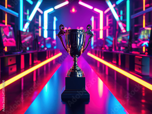 eSports Winner Trophy Standing on a Stage in the Middle of the Computer Video Games Championship Arena. Two Rows of PC for Competing Teams. Stylish Neon Lights with Cool Area Design. © Akmalism