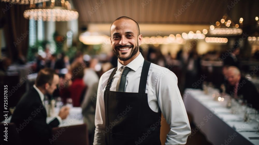 Fototapeta premium Cheerful event planner overseeing gastronomic event warm smile