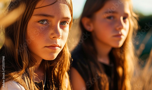 Two sisters looking at camera with introspection and serenity of youth photo