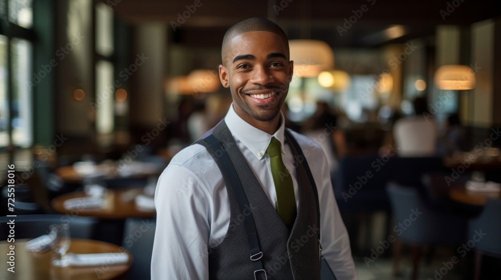 Joyful manager in well-appointed dining area committed to hospitality Joyful manager in well-appointed dining area committed to hospitality