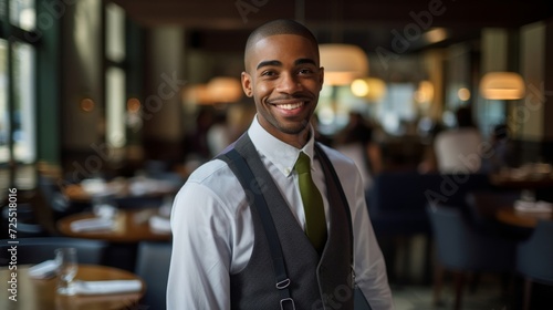 Joyful manager in well-appointed dining area committed to hospitality