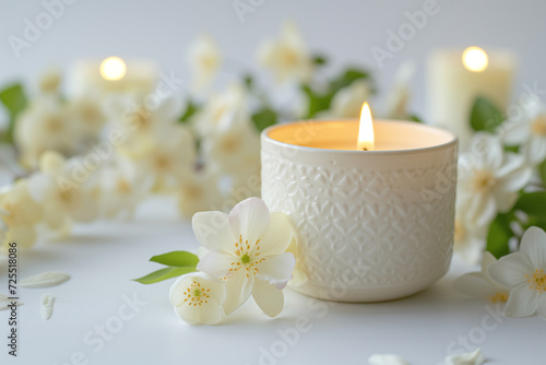 white aromatherapy scented candle and flowers, wellness, zen, theraphy, nature