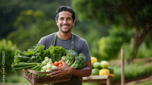 Organic farmer proudly displaying fresh harvest smiling contentedly