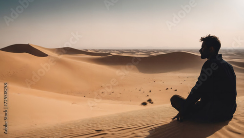 a man sitting on top of a sandy dune in the desert with a sky background and a sun shining  desert