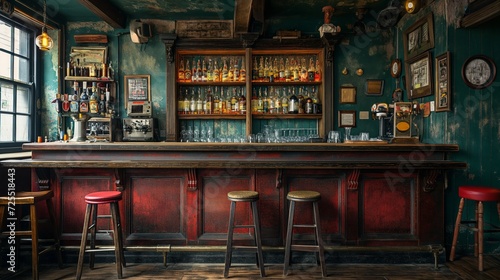 the counter bar in a cosy old english or irish pub with lots of whisky bottles in the background photo