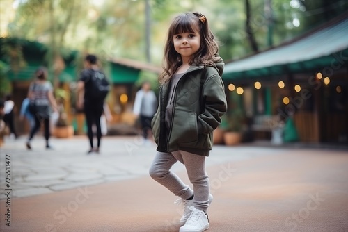 Portrait of a little girl in a green jacket and white sneakers