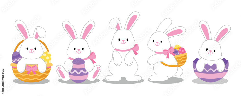 Easter bunny and eggs collection. Cute white rabbit character set. Happy seasonal holiday design elements on isolated background. Cartoon vector illustration EPS. Easter bunny and eggs collection. Cute white rabbit character set. Happy seasonal holiday design elements on isolated background. Cartoon vector illustration EPS.