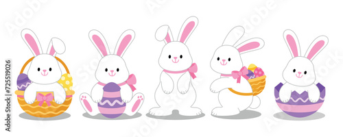Easter bunny and eggs collection. Cute white rabbit character set. Happy seasonal holiday design elements on isolated background. Cartoon vector illustration EPS.