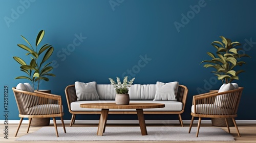 Rattan sofa and chairs near wooden dining table against blue wall with frame